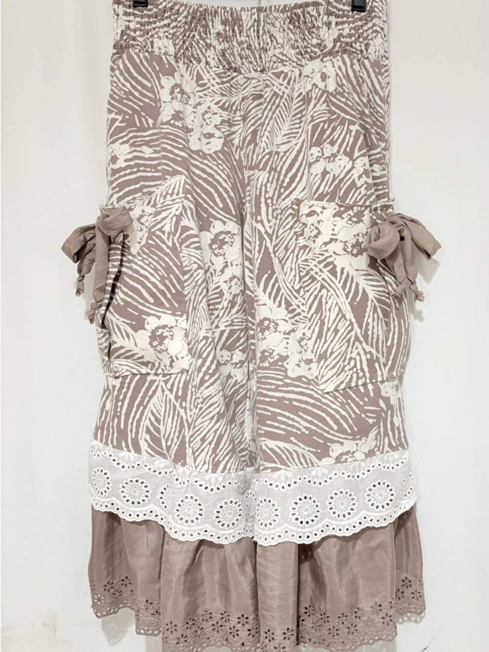 Taupe Floral Cropped Pants with Eyelet Trim